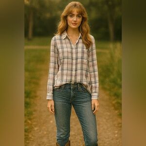 Joie SOFT Plaid Button Down Baby Blue Pink White 100% Rayon Size S​​​​​​…​​